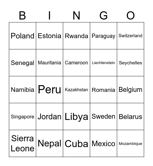 COUNTRIES OF THE WORLD Bingo Card