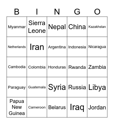 COUNTRIES OF THE WORLD Bingo Card