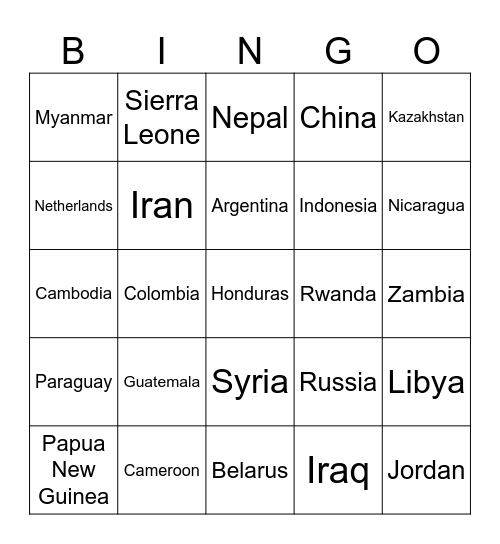 COUNTRIES OF THE WORLD Bingo Card
