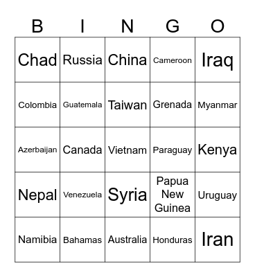 COUNTRIES OF THE WORLD Bingo Card