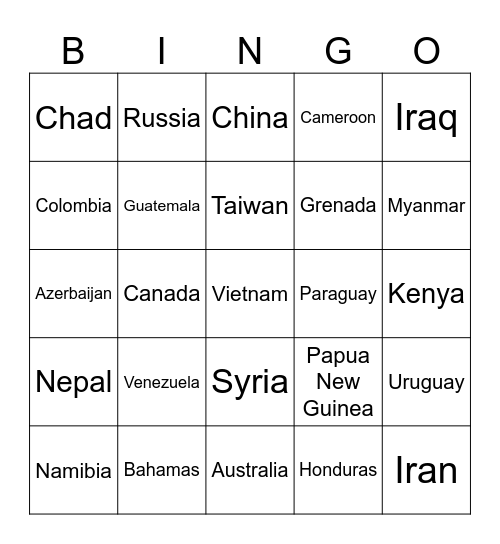 COUNTRIES OF THE WORLD Bingo Card