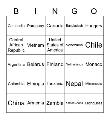 COUNTRIES OF THE WORLD Bingo Card