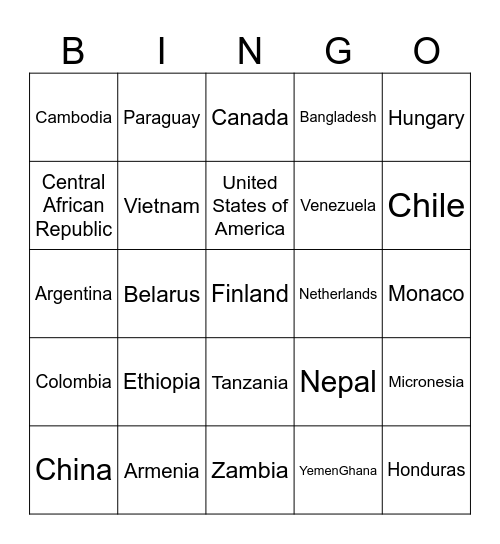 COUNTRIES OF THE WORLD Bingo Card