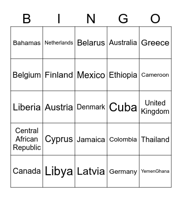 COUNTRIES OF THE WORLD Bingo Card