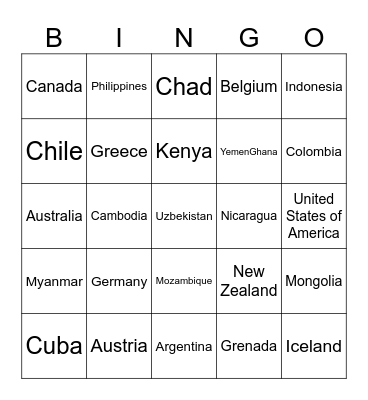 COUNTRIES OF THE WORLD Bingo Card