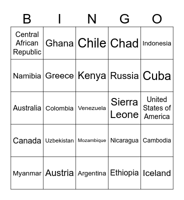 COUNTRIES OF THE WORLD Bingo Card