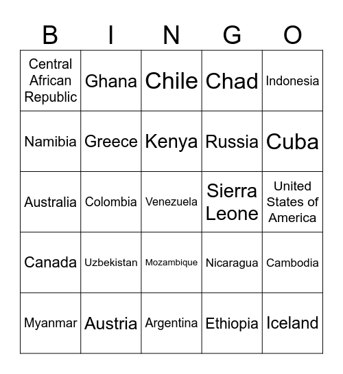 COUNTRIES OF THE WORLD Bingo Card