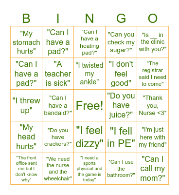School Health Bingo Card