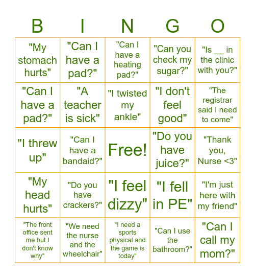 School Health Bingo Card