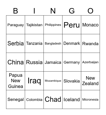COUNTRIES OF THE WORLD Bingo Card
