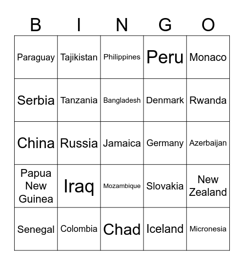 COUNTRIES OF THE WORLD Bingo Card