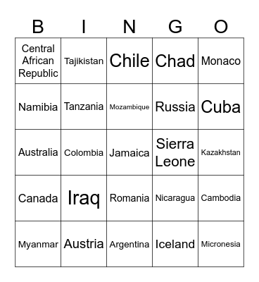 COUNTRIES OF THE WORLD Bingo Card