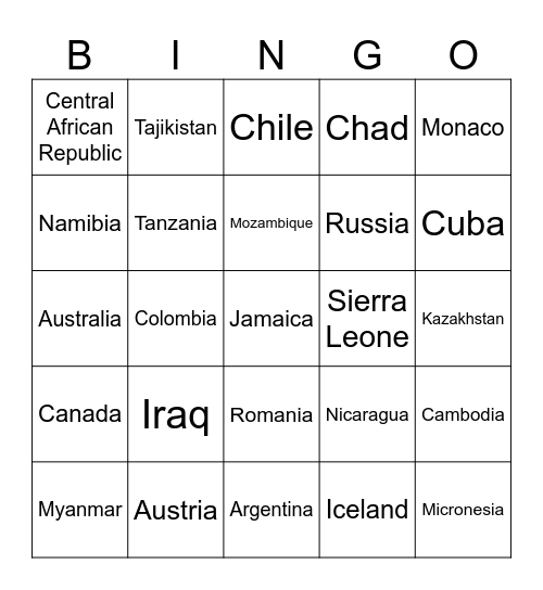 COUNTRIES OF THE WORLD Bingo Card