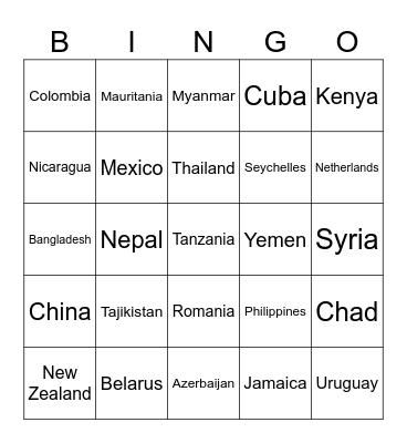 COUNTRIES OF THE WORLD Bingo Card