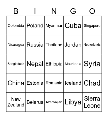 COUNTRIES OF THE WORLD Bingo Card