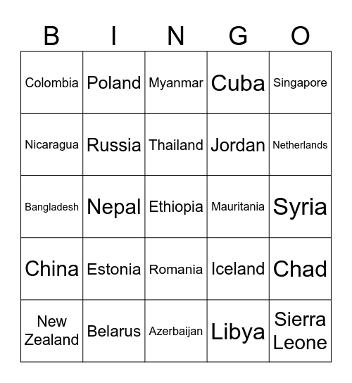 COUNTRIES OF THE WORLD Bingo Card