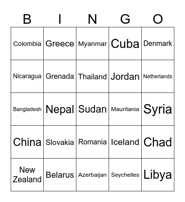 COUNTRIES OF THE WORLD Bingo Card