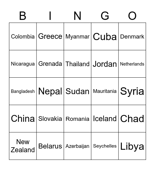 COUNTRIES OF THE WORLD Bingo Card