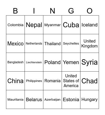 COUNTRIES OF THE WORLD Bingo Card