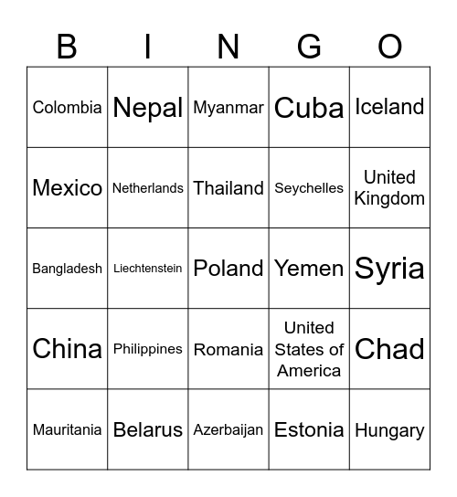 COUNTRIES OF THE WORLD Bingo Card
