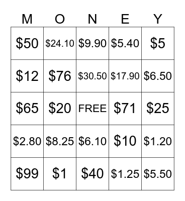 Money Money Money Bingo Card