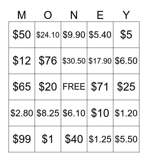 Money Money Money Bingo Card