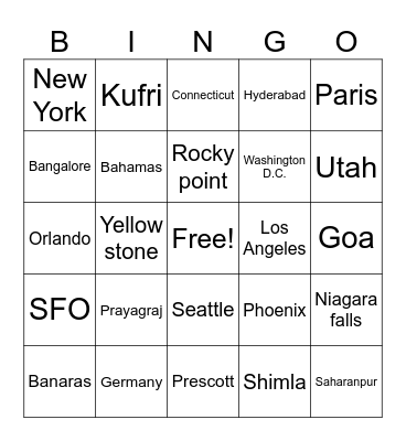 Places we visited Bingo Card