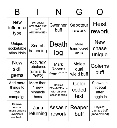 POE 3.26 wishlist Bingo Card