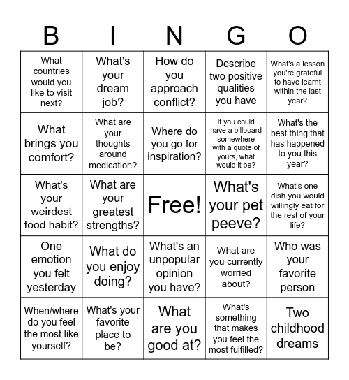 Self Discovery Bingo Card