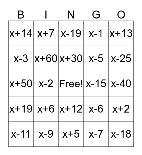 Factoring Bingo Card