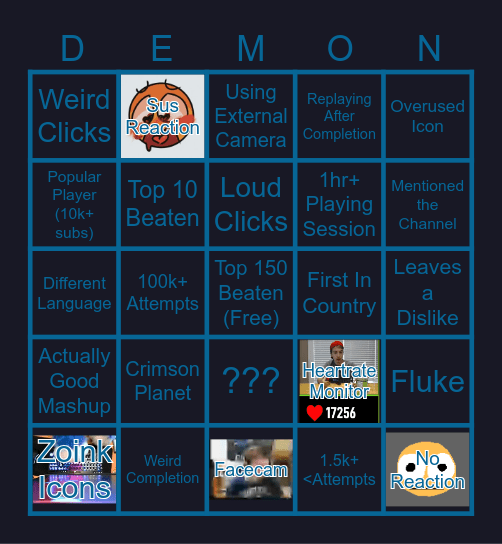 Daily Demon List Reaction Bingo 2.0 Bingo Card