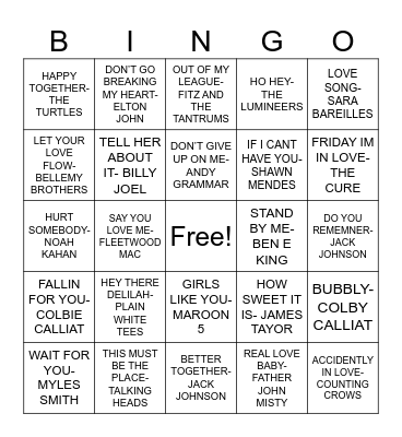 HAPPY LOVE SONGS Bingo Card