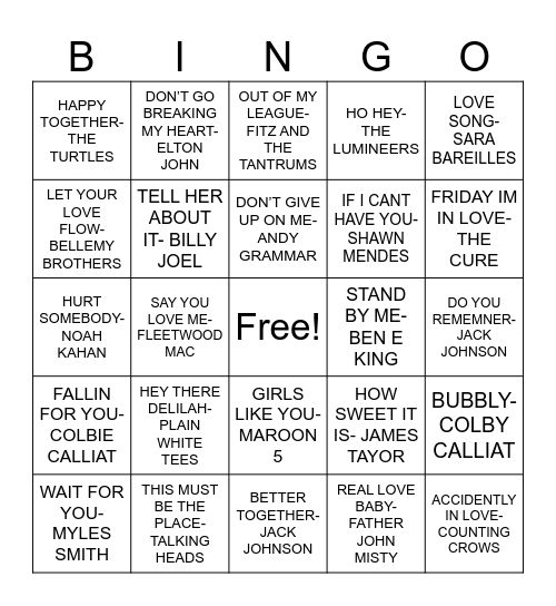 HAPPY LOVE SONGS Bingo Card