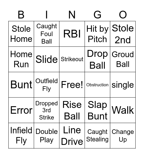 Softball Bingo Card