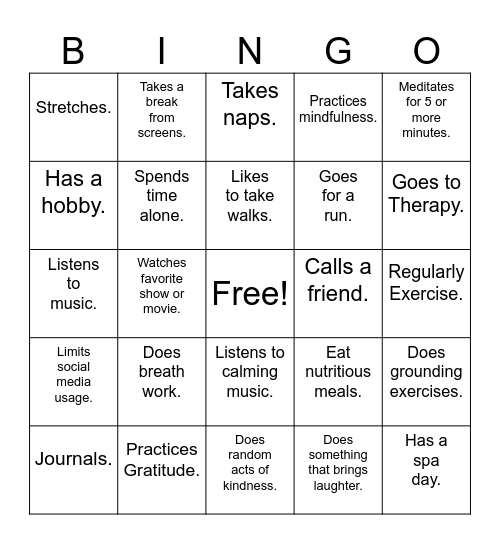 Self Care Edition! Find Someone Who… Bingo Card