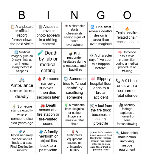 Final Destination: Bloodline Bingo Card