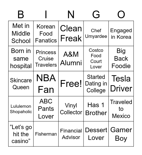 Hanlas’ Engagement Bingo Card