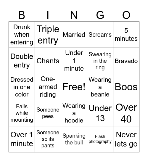 Bull Night Bingo Card