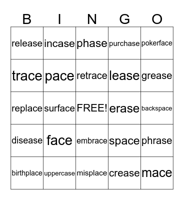 -ace and -ase words Bingo Card