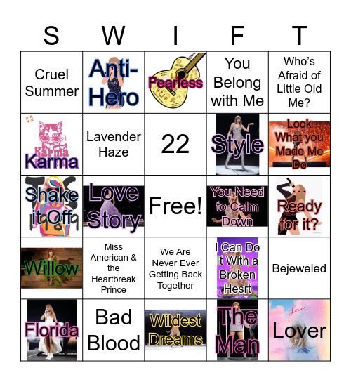 Taylor Swift (Dylan’s Version) Bingo Card