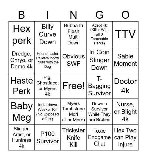 DBD Killer Bingo Card
