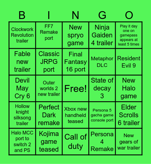 Xbox Showcase Bingo Card