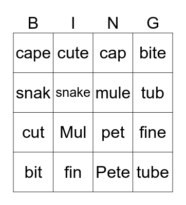 Magic E Bingo Card