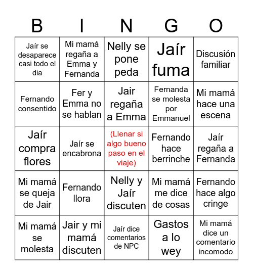 Viaje Familiar!!! Bingo Card