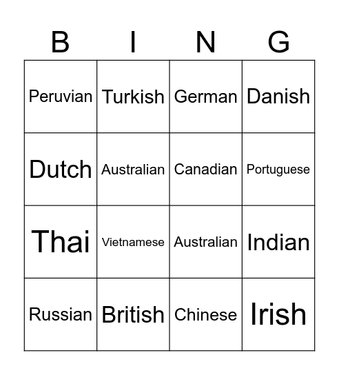 Nationalities Bingo Card