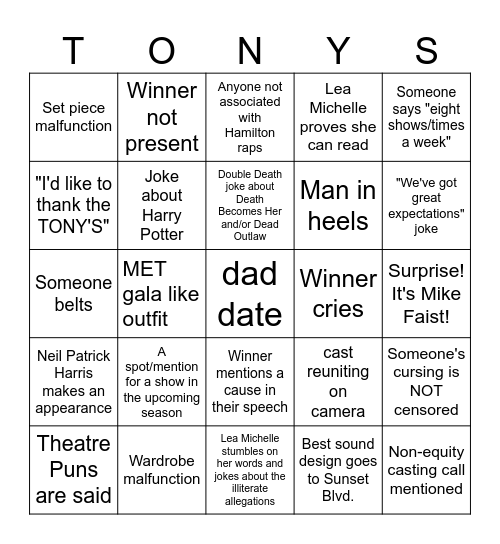 2025 TONY Awards Bingo Card