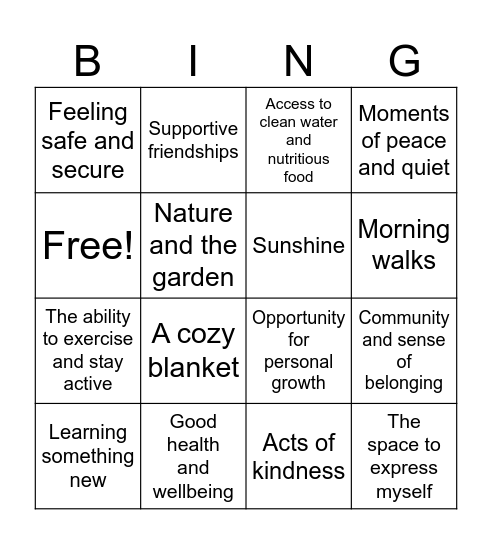 "I'm Grateful For" Bingo Card