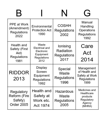 Regulations Bingo Card