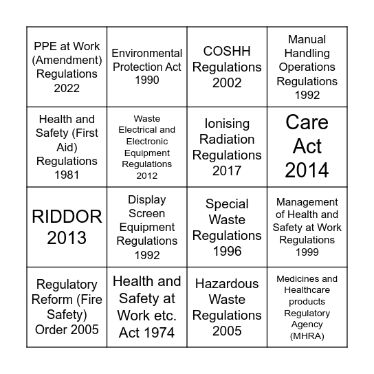 Regulations Bingo Card