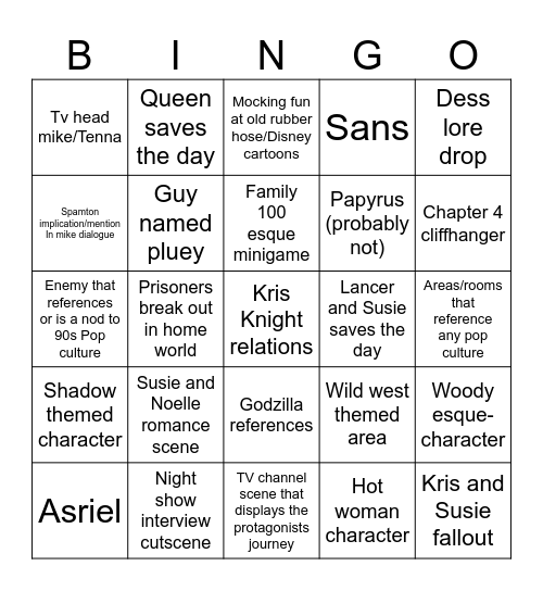 Deltarune Chapter 3 and 4 Bingo Card